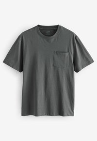 Grå kortærmet t-shirt lavet af blødt materiale, med rund halsudskæring og en brystlomme. Simpelt design uden mønstre eller accenter.
