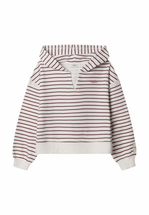 Sudadera blanca con capucha con finas rayas horizontales rojas y un pequeño logo rojo en el pecho izquierdo, con puños y cinturilla acanalados.