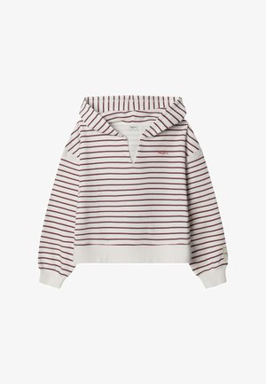 Sudadera blanca con capucha con finas rayas horizontales rojas y un pequeño logo rojo en el pecho izquierdo, con puños y cinturilla acanalados.