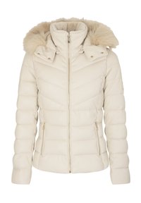 Giacca imbottita color crema con cappuccio in pelliccia sintetica rimovibile, chiusura con zip sul davanti e due tasche laterali con dettagli dorati e cuciture a zigzag.