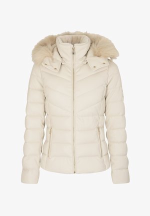 Cream-colored padded jacket with a detachable faux fur hood, zippered front, and two side pockets with gold accents and chevron stitching.