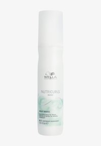 Wella Nutricurls Waves sprayflaska, 150 ml, har en smidig vit design med ett grönt vågmönster och ett klart plastlock.