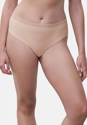Beige Hipster-Unterwäsche aus glattem Material mit einem strukturierten Spitzenbund. Verfügt über ein Design mit voller Bedeckung.