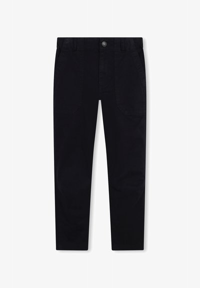 Zwarte broeken met een slim fit, gemaakt van een gladde stof, met een knoopsluiting, voorkanten en subtiele stikdetails.