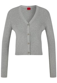 Šedý žebrovaný cardigan s výstřihem do V, zapínáním na knoflíky vpředu a dlouhými rukávy. Obsahuje pět kulatých knoflíků a má zkrácený design.