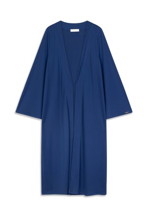 Longue robe style kimono bleu marine à manches larges, en tissu lisse, avec un décolleté en V profond et une silhouette décontractée.