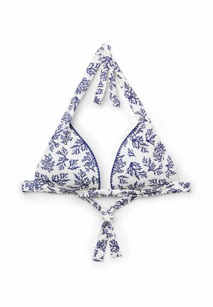 Haut de bikini triangle avec un motif de corail bleu sur fond blanc, avec des liens au cou et au dos. Texture douce et extensible.