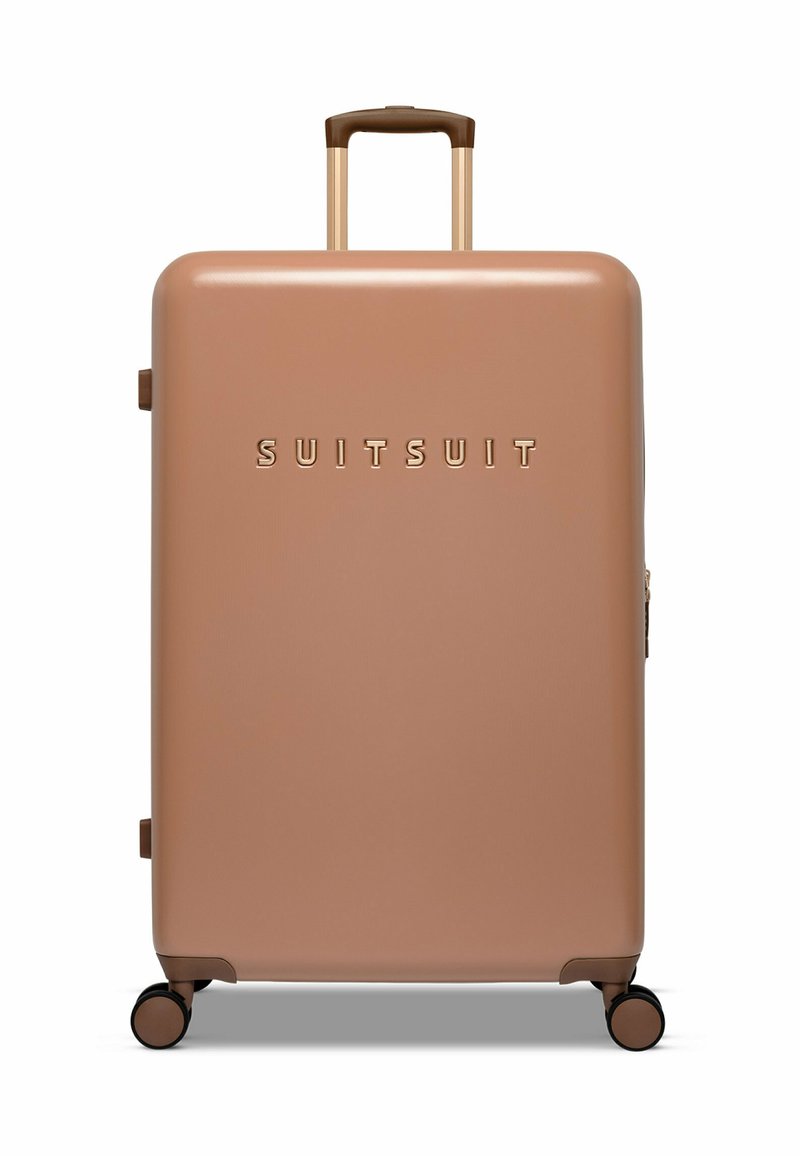 Hartschalenkoffer in mattem Roségold mit goldgeprägtem "SUITSUIT"-Logo, einem ausziehbaren braunen Griff und vier Rollen.