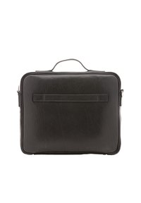 Borsa nera in pelle con forma rettangolare, texture liscia e manico superiore. Presenta un dettaglio a fascia orizzontale sulla parte anteriore.