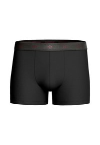 Black boxer briefs made from soft fabric. Features a solid color, elastic waistband with logo accents, and a fitted design.