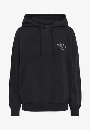 Felpa nera con cappuccio, caratterizzata da una tasca frontale, coulisse e testo stampato bianco "BALL THE JEANS" sul petto. Materiale morbido e vestibilità rilassata.