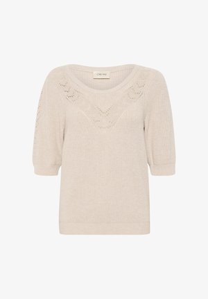 Svetlo bež pleteni pulover s kratkimi rokavi, ki ima okrasni odprti pleten vzorec okoli ovratnika in sproščen kroj.