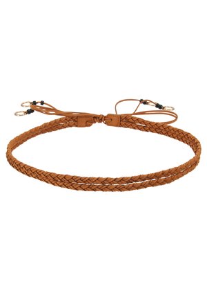 Brown braided leather belt, featuring dual strands and adjustable ties. Metal hardware with black bead accents at the closures.
