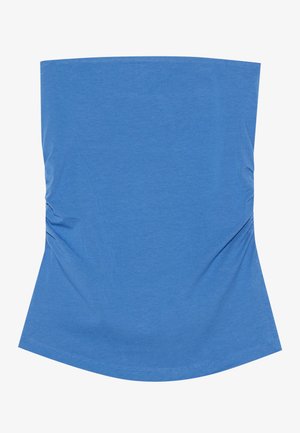 Blauw, mouwloos topje van een gladde stof. Heeft een rechte halslijn, geplooide zijdetails en een iets gebogen zoom.