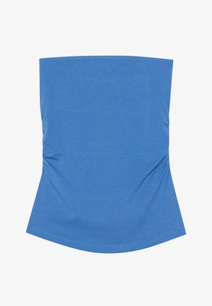 Blaues, ärmelloses Top aus glattem Stoff. Verfügt über einen geraden Ausschnitt, geraffte Seitendetails und einen leicht geschwungenen Saum.