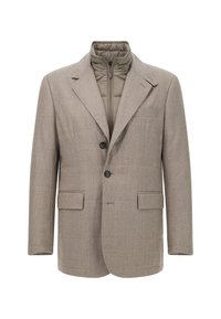 Blazer in misto lana marrone con rever a punta, due tasche frontali e fodera interna trapuntata a contrasto. Presenta due bottoni neri sul davanti.