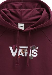 Sweat à capuche bordeaux en coton, avec un logo blanc « VANS » orné de motifs floraux. Comprend une capuche avec cordon de serrage et une texture douce.