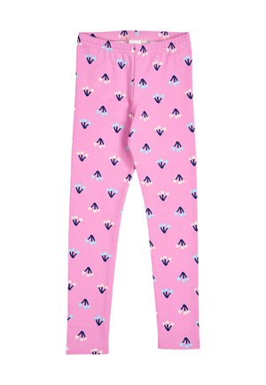 Rosa Leggings mit einem elastischen Bund, dekoriert mit einem Muster aus kleinen blauen und cremigen Beerensträußen mit dunklen blauen Stängeln.