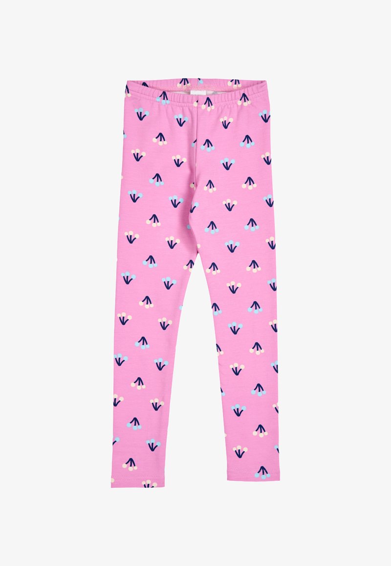 Růžové legíny s elastickým pasem, zdobené vzorem malých modrých a krémových shluků bobulí s tmavomodrými stonky.