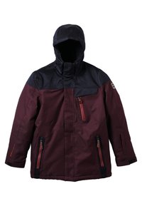 Donkerrood en zwarte gewatteerde winterjas met meerdere ritszakken aan de voorkant en op de linkermouw.