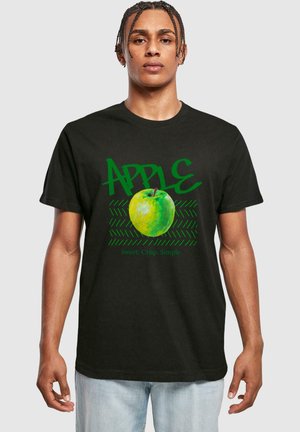 Black T-shirt featuring a green apple illustration and the text "APPLE" in bold green, with the phrase "Sweet. Crisp. Simple." below.