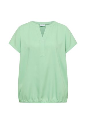 Lysegrøn kortærmet bluse med V-hals og elastisk kant, med en lille mærkeetiket inde i kraven.