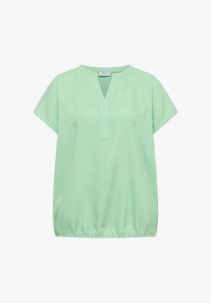 Lysegrøn kortærmet bluse med V-hals og elastisk kant, med en lille mærkeetiket inde i kraven.