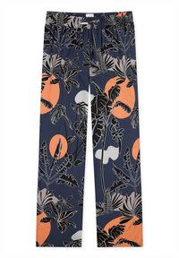 Pantaloni blu navy con cintura elastica, caratterizzati da un motivo di foglie tropicali in nero, grigio chiaro e accenti circolari arancioni.