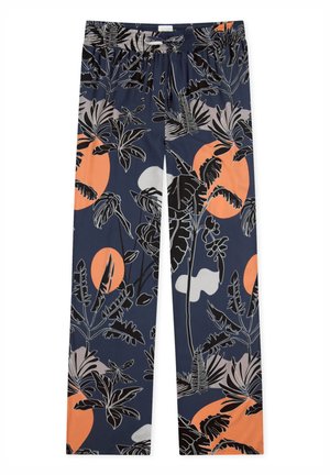 Navy blue trousers with an elastic waistband, featuring a tropical leaf pattern in black, light gray, and orange circular accents.