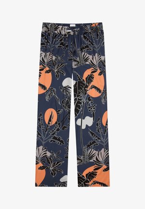 Navy blue trousers with an elastic waistband, featuring a tropical leaf pattern in black, light gray, and orange circular accents.