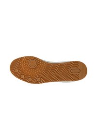 Semelle de chaussure marron clair avec des motifs de bande de roulement circulaires et linéaires et le nom de la marque "Wojas" embossé près du talon.