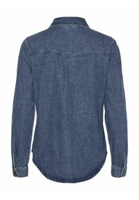 Dunkelblaues Denim-Hemd mit langen Ärmeln, Knopfmanschetten, einem spitzen Kragen und einem abgerundeten Saum. Verfügt über eine Schulterpasse und sichtbare Nähdetails.