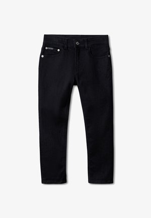 Jeans in denim nero con design a gamba dritta, dotati di chiusura con zip, bottone e due tasche anteriori. Nessun motivo o decorazione visibile.