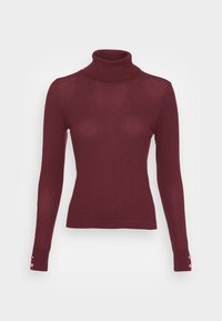 Pull à col roulé bordeaux pour femmes, ajusté, à manches longues avec détails de boutons sur les poignets, présenté sur fond blanc.