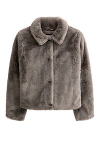 Gray faux-fur jacket with a collar, featuring a button closure and soft texture. Boxy design with long sleeves and no visible patterns.