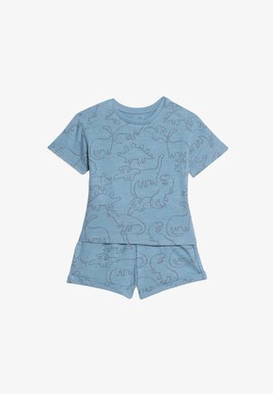 Lyseblåt bomulds pyjamas sæt med korte ærmer og shorts, med et dinosaur mønster og blød tekstur. Ingen hardware eller synlige detaljer.