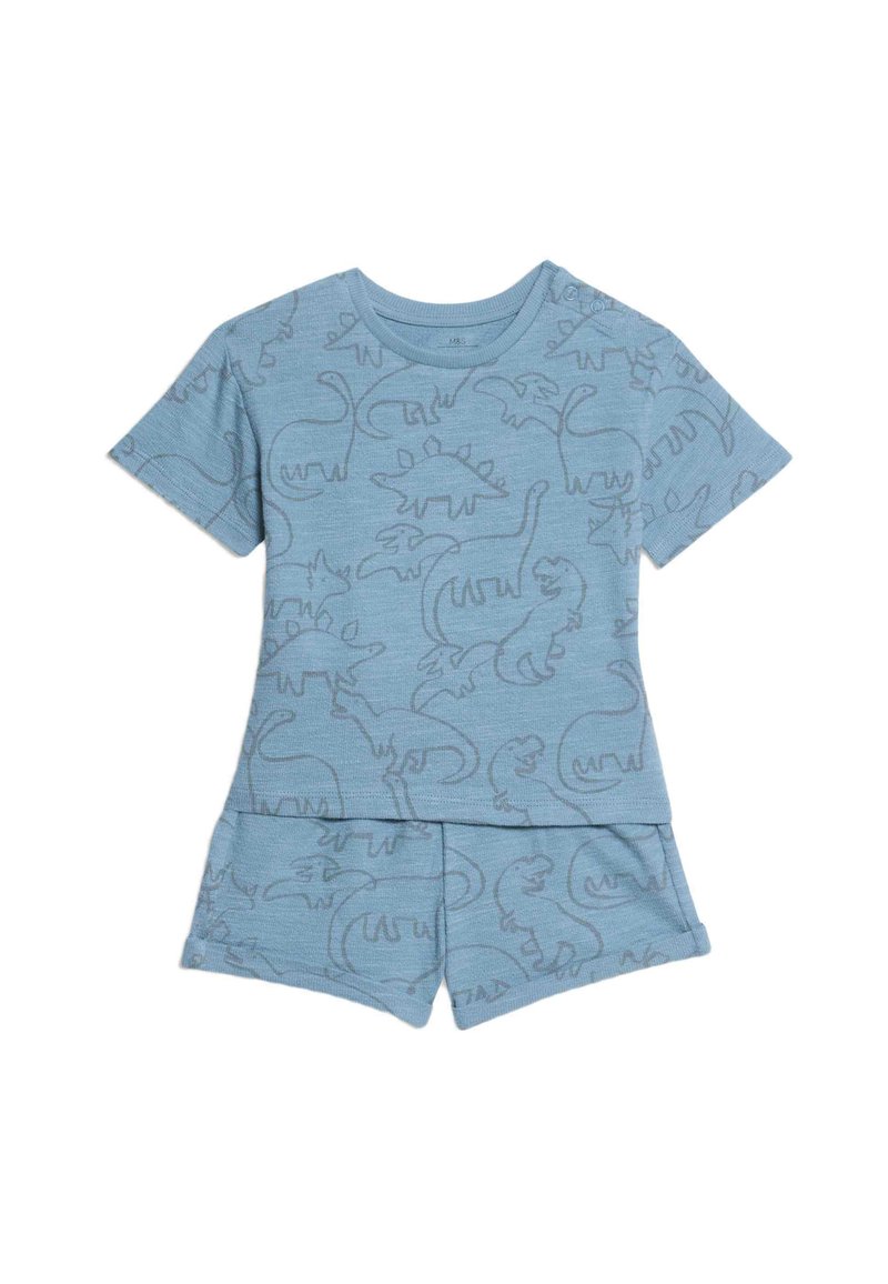 Conjunto de pijama de algodón azul claro que incluye mangas cortas y pantalones cortos, con un patrón de dinosaurios y una textura suave. Sin hardware ni acentos visibles.