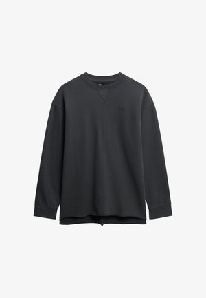 Sort langærmet sweatshirt lavet af bomuldsblanding, med rund halsudskæring, ribbede manchetter og et subtilt brandlogo på brystet. Glat tekstur.