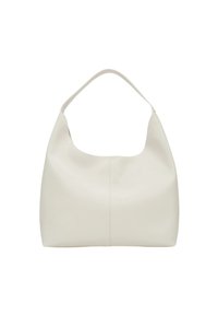 Biała skórzana torba hobo z jedną zaokrągloną rączką, miękką teksturą, zakrzywionym topem i szwem na środku. Minimalistyczny design.