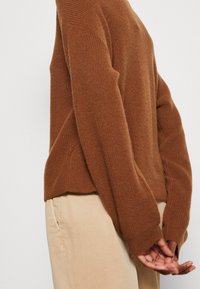 Brauner gestrickter Pullover mit strukturiertem Finish, ausgestattet mit langen Ärmeln und einem lockeren Schnitt. Kombiniert mit hellbeigen Hosen.