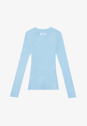 Hellblauer, gerippter Langarmpullover mit rundem Halsausschnitt und tailliertem Schnitt, der eine weiche Textur aufweist und keine sichtbare Markenkennzeichnung hat.