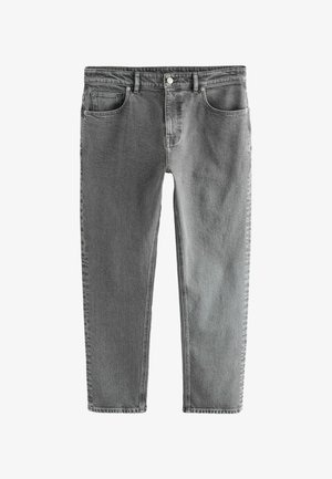 Gray denim jeans with a straight cut, five-pocket design, and a subtle faded texture. Features a metal button and belt loops at the waist.