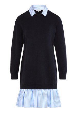 Zwarte lange mouw sweaterjurk met aangehechte blauw-wit gestreepte overhemdkraag en gerimpelde zoom.