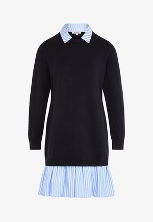 Zwarte lange mouw sweaterjurk met aangehechte blauw-wit gestreepte overhemdkraag en gerimpelde zoom.