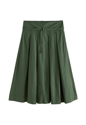 Green pleated skirt with a wide waistband, side zipper, and a detachable belt. Made of smooth fabric with a clean finish.