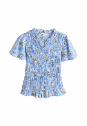 Blå og hvidstribet kortærmet bluse med flæsekant og blomsterprint, samlet stoftekstur og knapper foran.