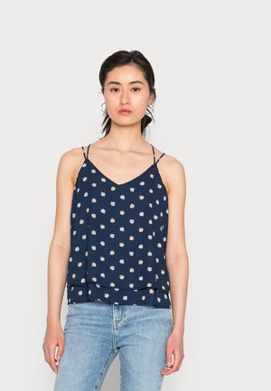 Top sem mangas de cor azul marinho com decote em V, apresentando um padrão floral de flores brancas e laranjas e um design de fundo em camadas.