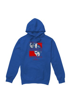 Blue hoodie with front pocket featuring red and white graphic of faces and text: "Sleep All Day, Party All Night, Never Grow Old, Never Die, The Lost Boys."