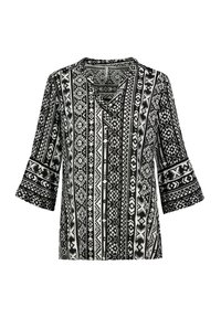 Schwarz-weiße Tunika mit Muster, V-Ausschnitt, kurzen Glockenärmel und geometrischem Design. Weicher Stoff mit entspannter Passform.
