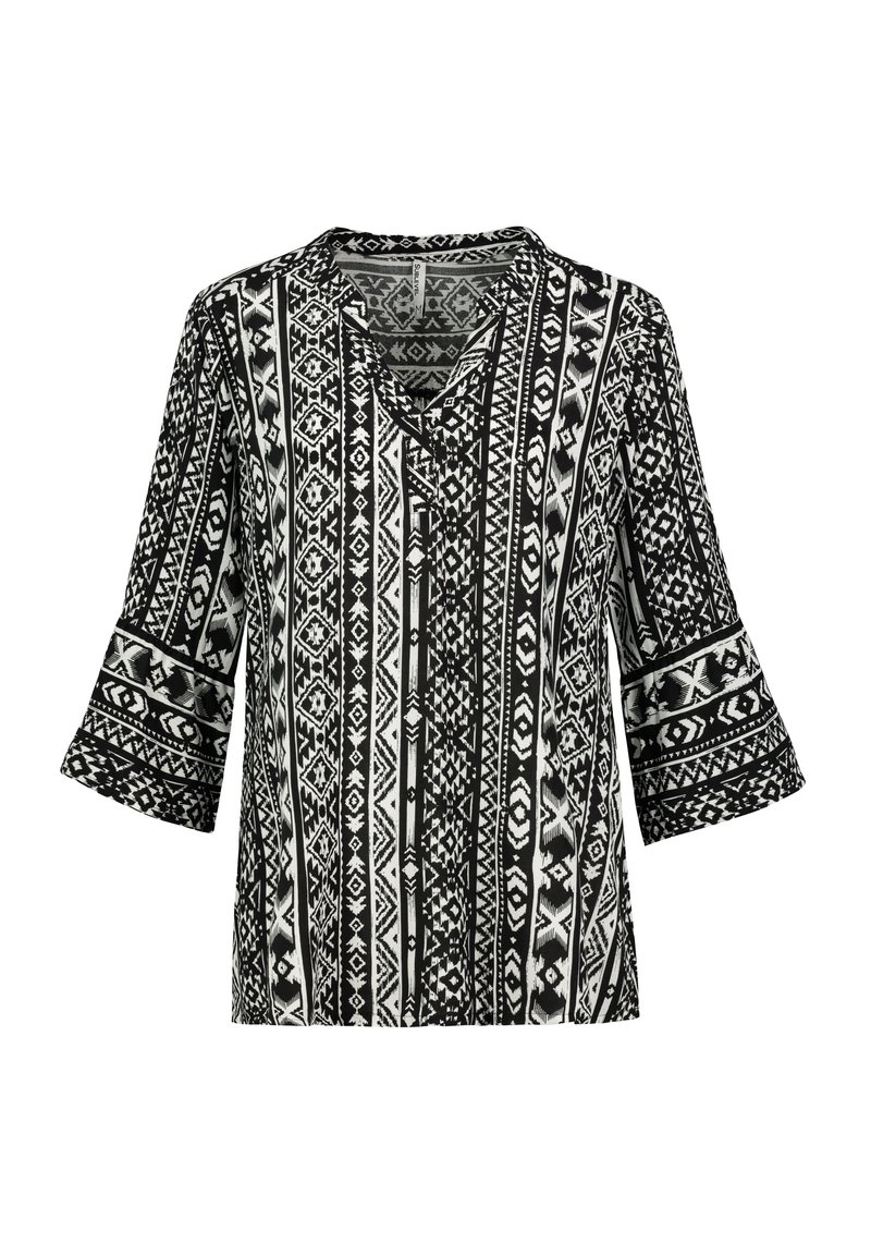Schwarz-weiße Tunika mit Muster, V-Ausschnitt, kurzen Glockenärmel und geometrischem Design. Weicher Stoff mit entspannter Passform.